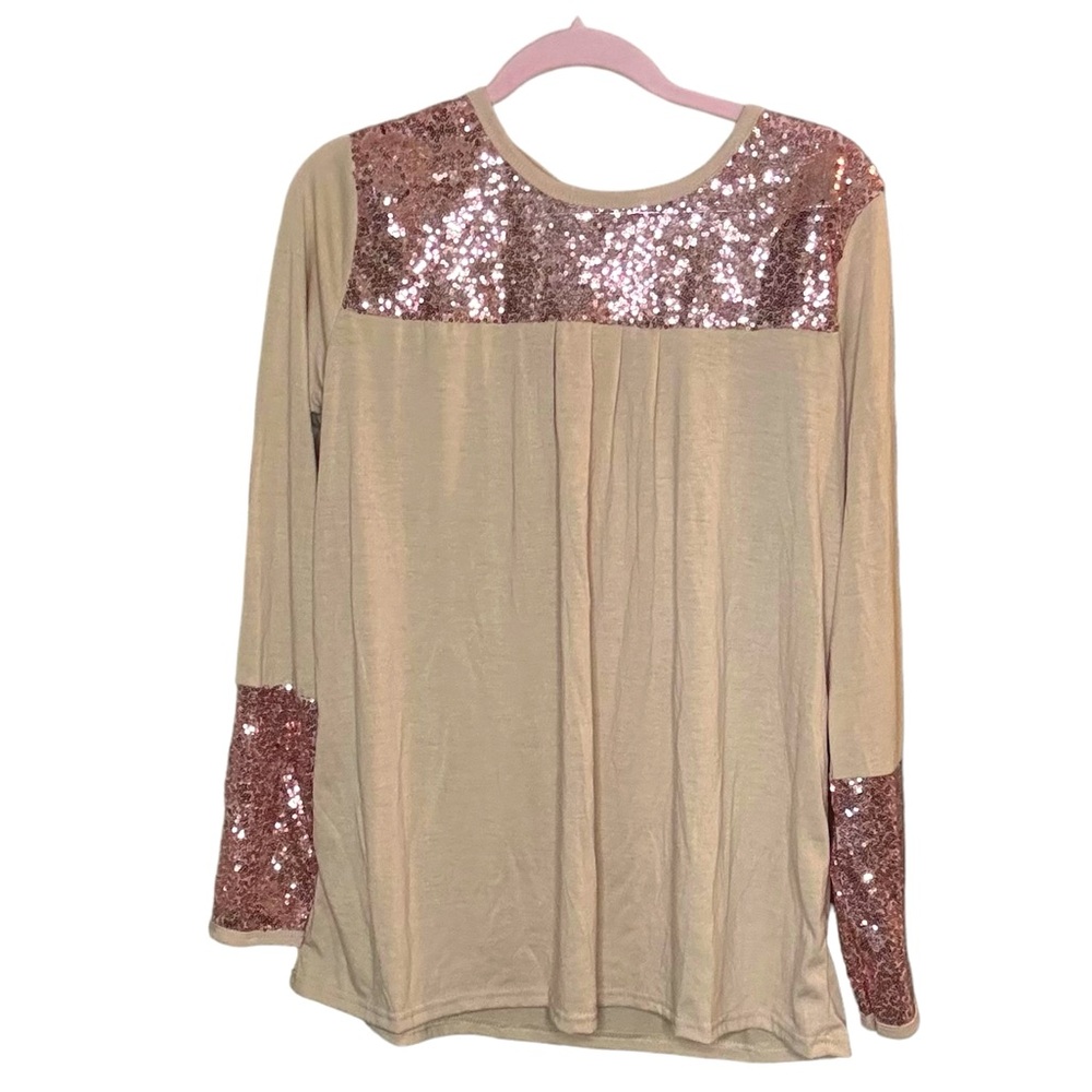 Women’s Cream with Pink Sequins on shoulder/wrist long sleeve shirt Size Medium